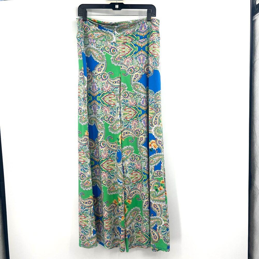 Sunny Leigh Wide Leg Palazzo Pants L Blue Green Paisley Floral Boho Stretch